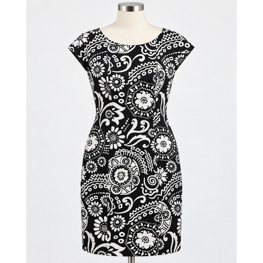Signature By Robbie Bee Black White Floral Paisley Cap Sleeve Sheath Dress 12